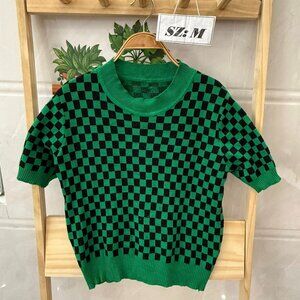 🌿 Green Black Checkerboard Knit Top Retro Y2K Trendy Soft Tee ♟️